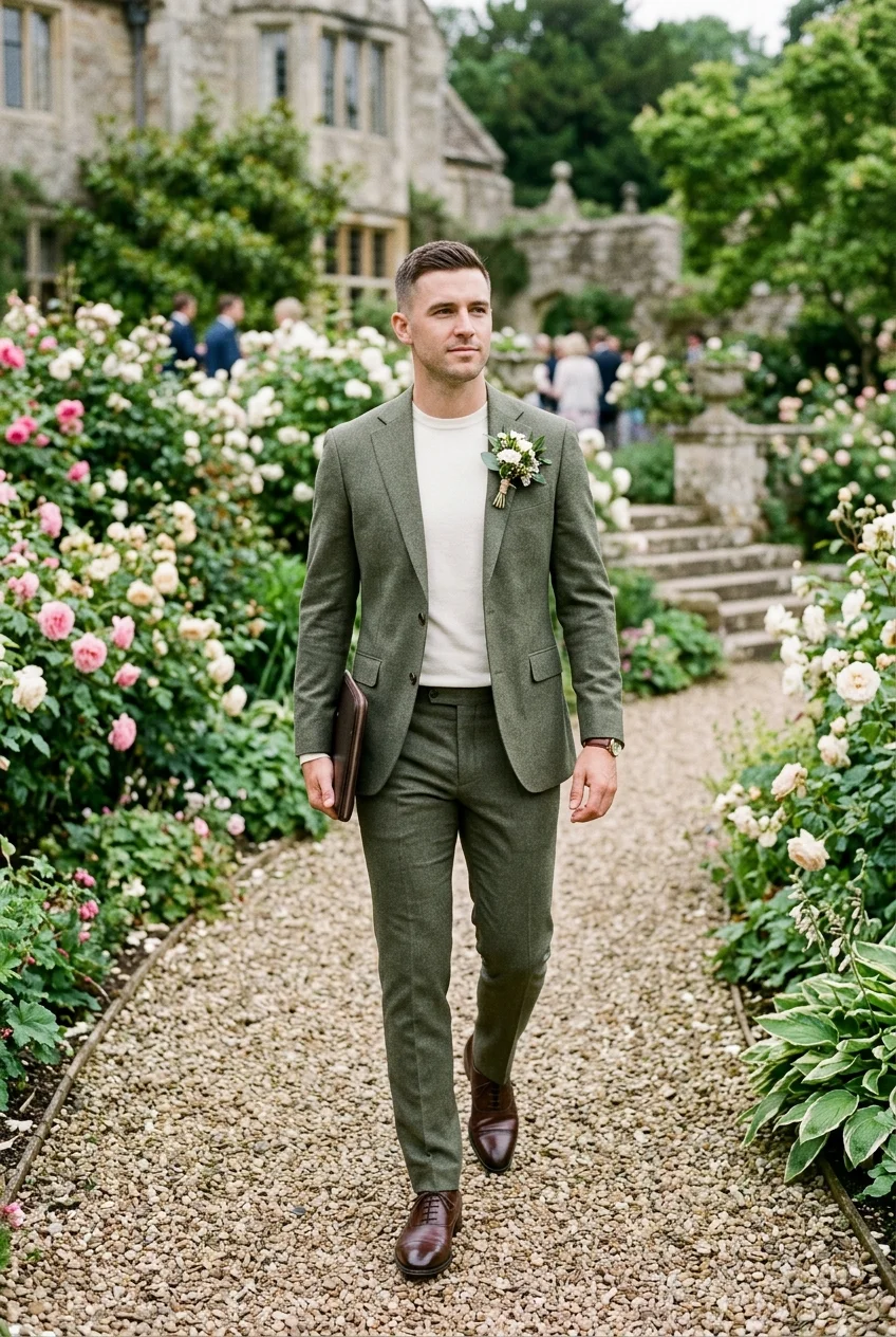 Stylish man in tailored muted olive green suit walking through an English country garden estate
