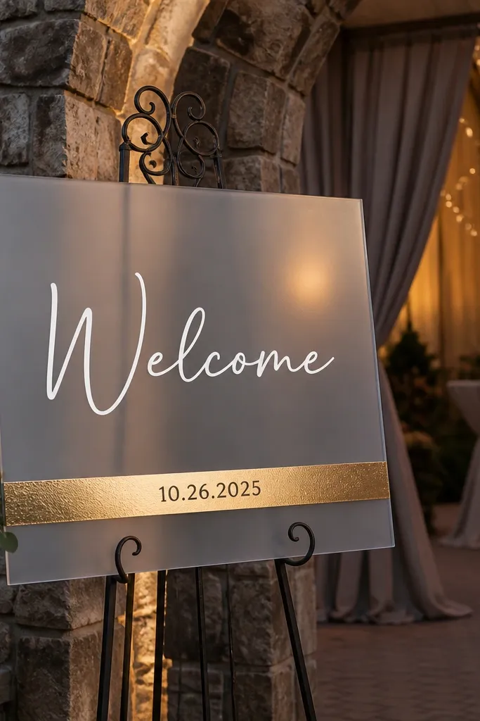 Frosted acrylic sign with bold white Welcome text and a gold strip for the date