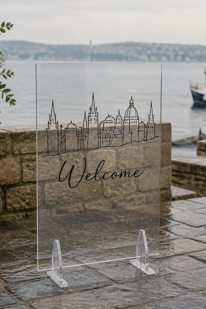 Clear acrylic sign with a thin skyline outline and centered Welcome text