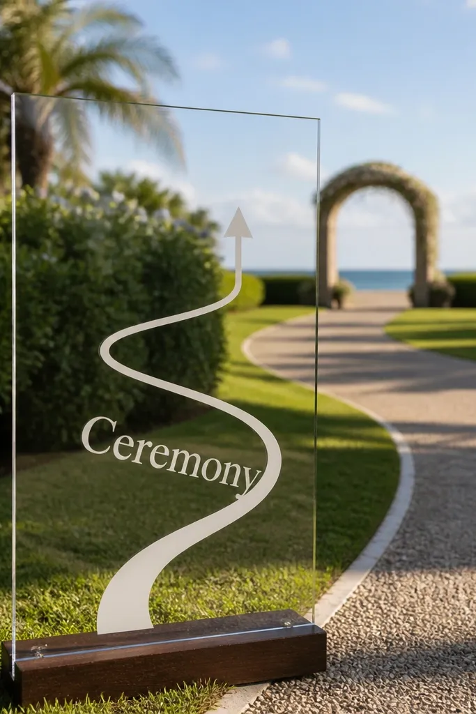Clear acrylic sign with a route arrow line pointing to ceremony and simple text