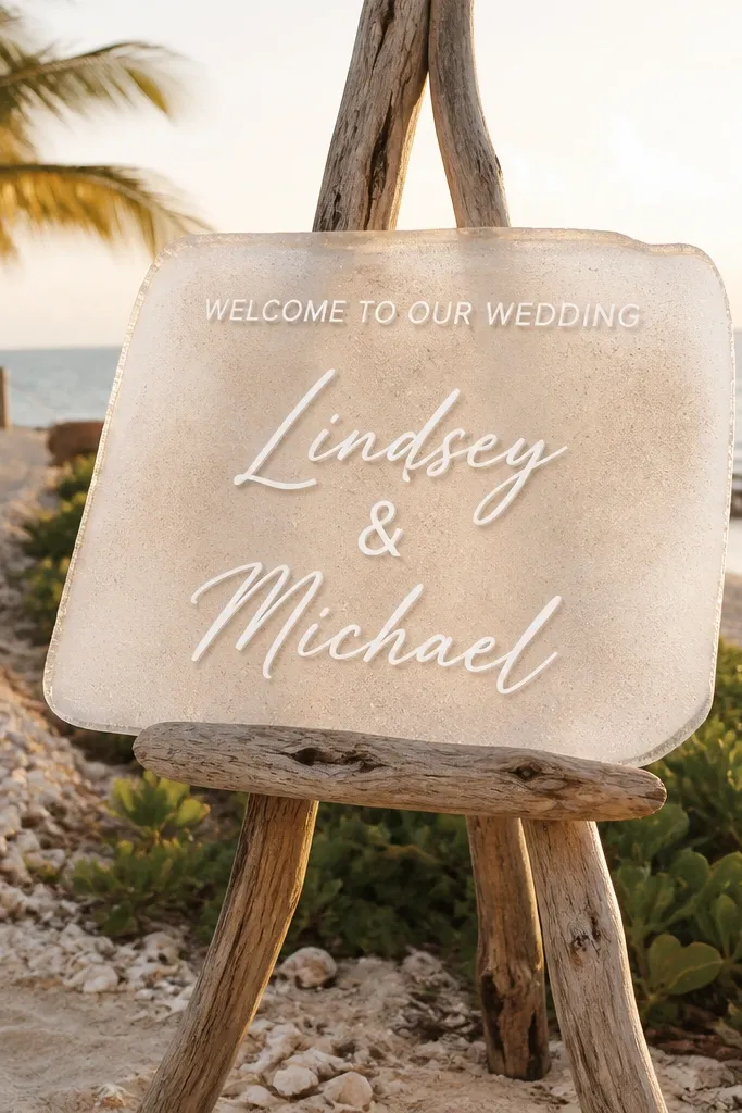 Frosted acrylic sign with sand speckle texture and script couple names