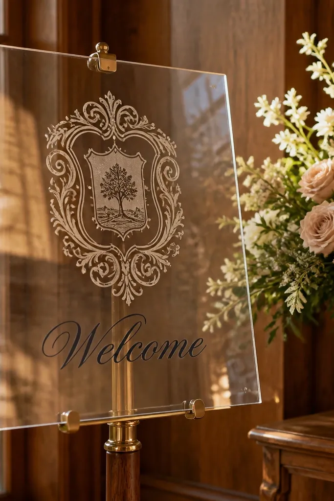 Clear acrylic sign with a vintage emblem and script Welcome text