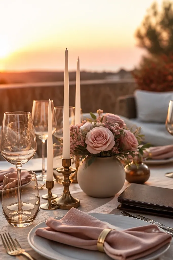 Champagne tablecloth with blush napkins, espresso signage, and small rose-gold accents