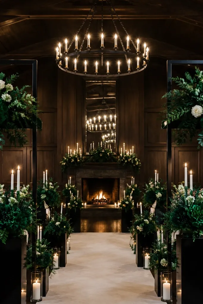 Ivory tablecloth with emerald napkins, black candle holders, and deep green floral arrangements