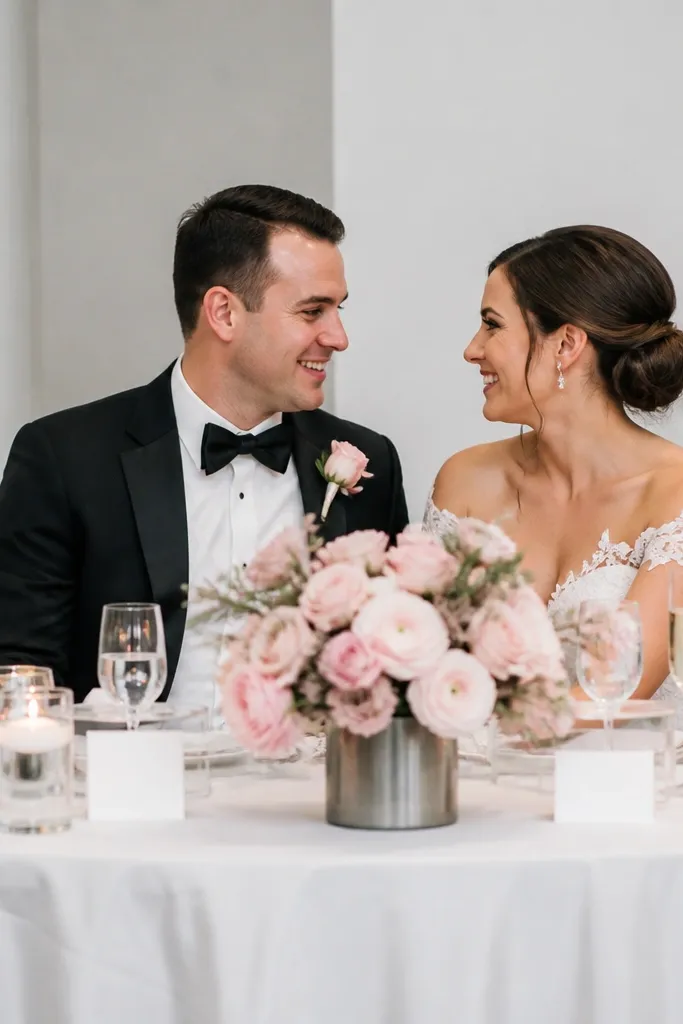 White table runner with rose pink napkins, steel gray place cards, and pale pink florals