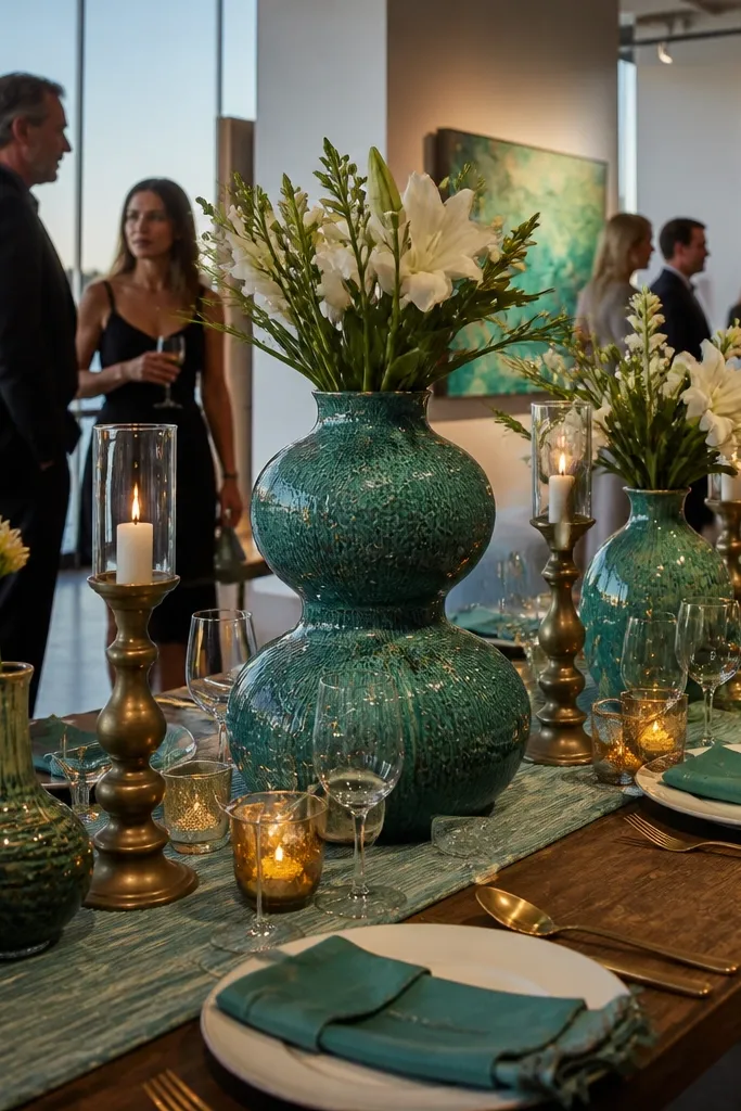 White linens with teal napkins, bronze candle holders, and teal-green floral accents