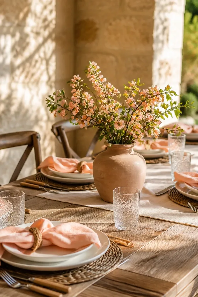 Cream tablecloth with peach napkins, soft brown signage, and peach-toned florals
