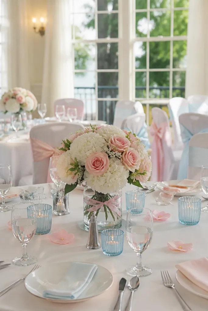 White table linens with powder pink napkins, baby blue accents, and mixed pastel florals