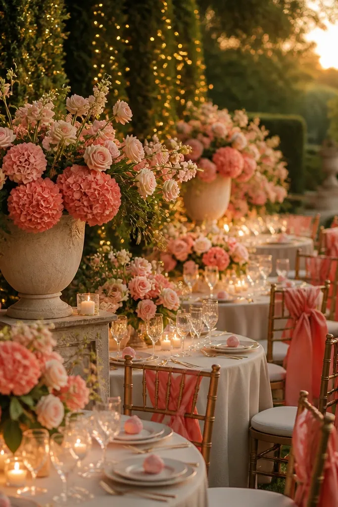 Warm white linens with coral and blush florals and soft candlelight in cream glass