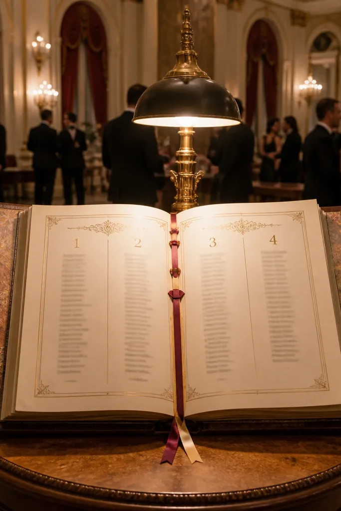 Open vintage book display with table numbers on pages and ribbon markers pointing to name sections