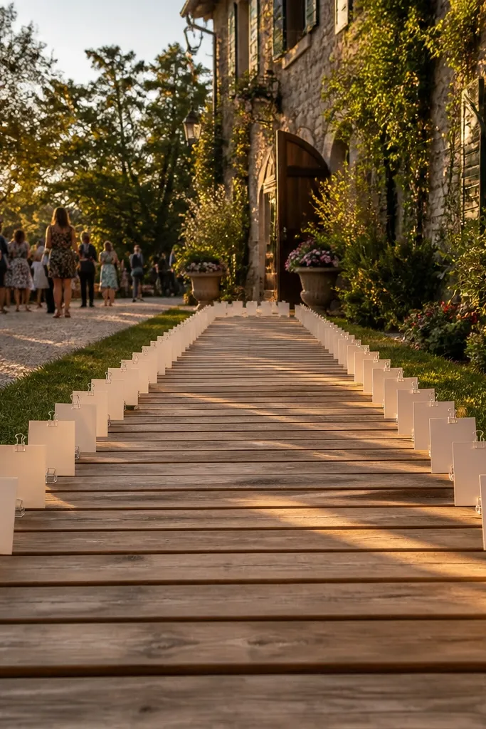 Wood slat runner display with clipped table tags and name cards arranged in rows