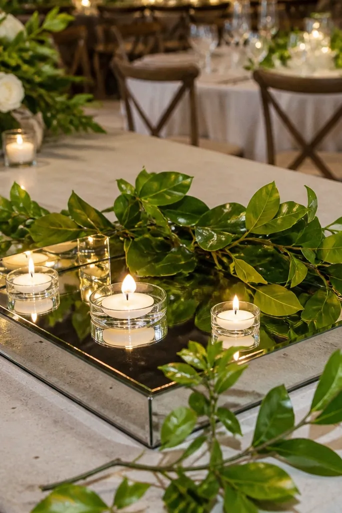 Silver mirrored tray with floating candles and green leaves in the center