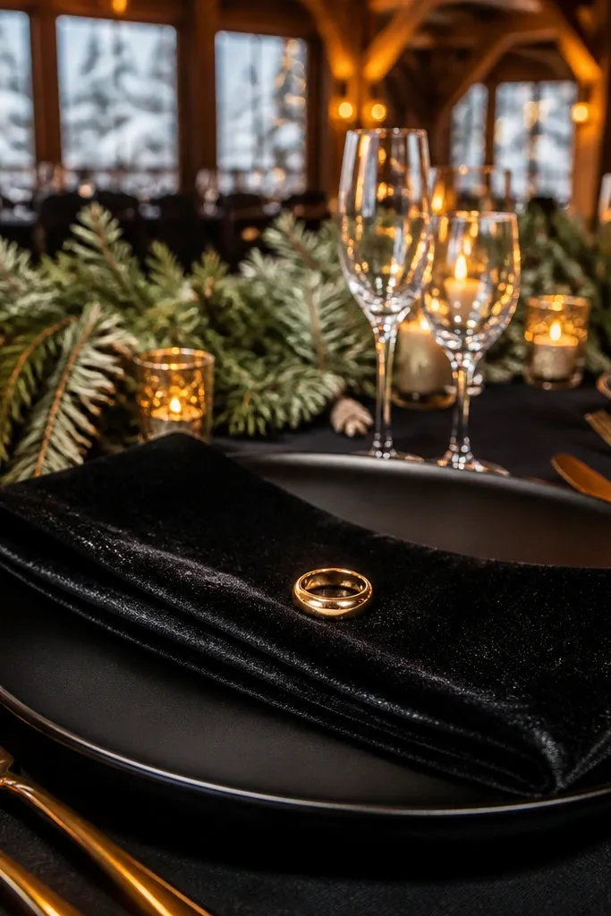 Folded black velvet napkin secured with a gold ring at each place setting