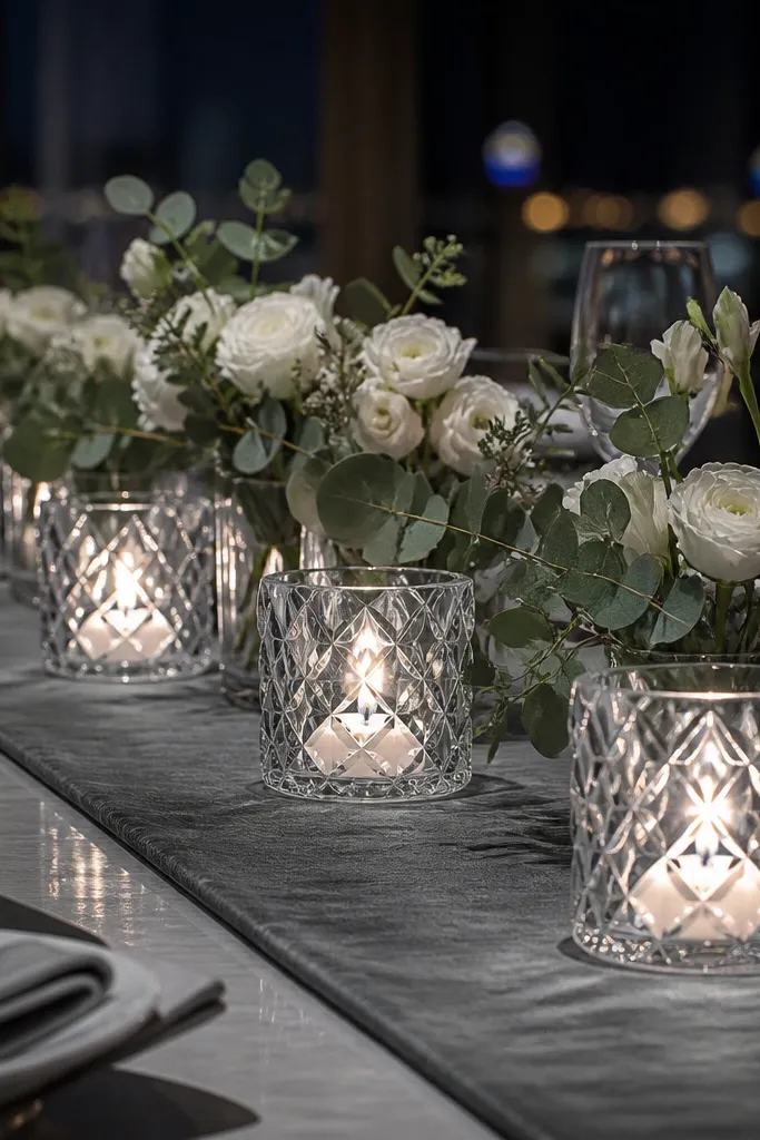 Smoke-gray table runner with clear faceted votive holders