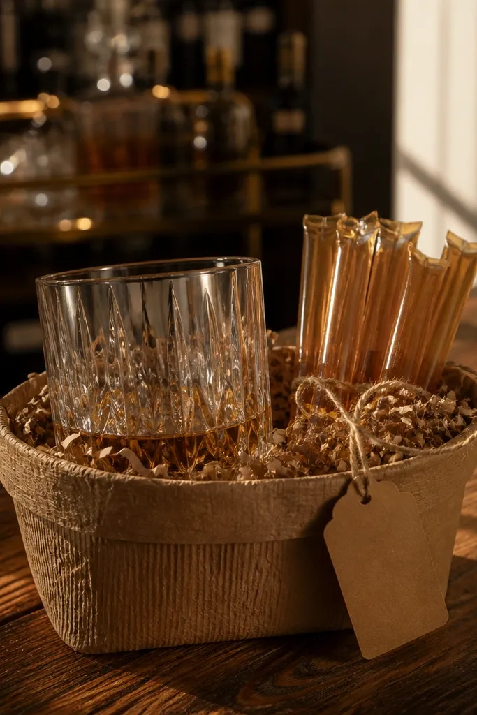 Kraft basket with a clear tumbler, amber honey sticks, and brown twine