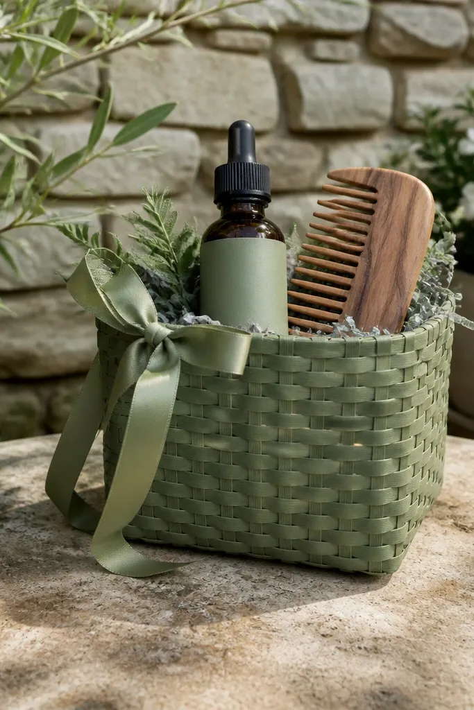 Sage basket with beard oil bottle, wooden comb, and sage ribbon