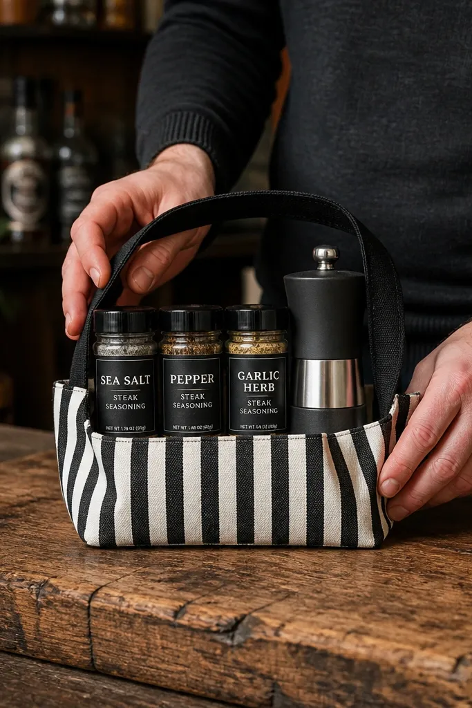 Black-and-white striped bag with spice jar, pepper grinder, and monochrome ribbon