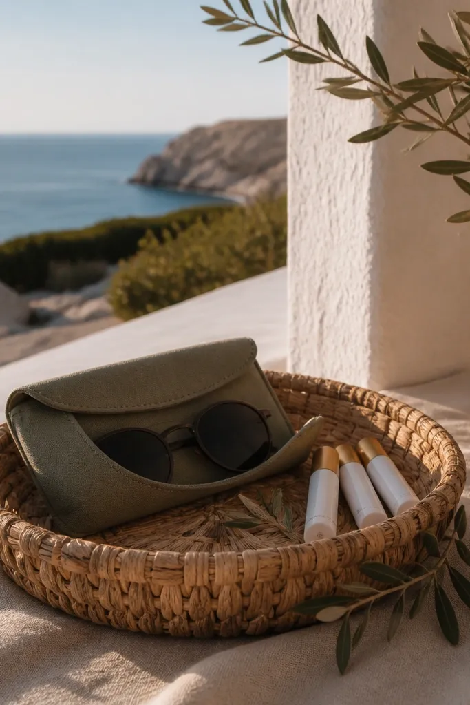 Olive basket with sunglasses case, lip balm tubes, and olive ribbon