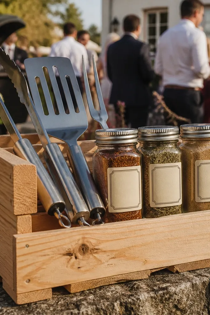 Natural wood crate with grill spatula, spice jars, and twine bow