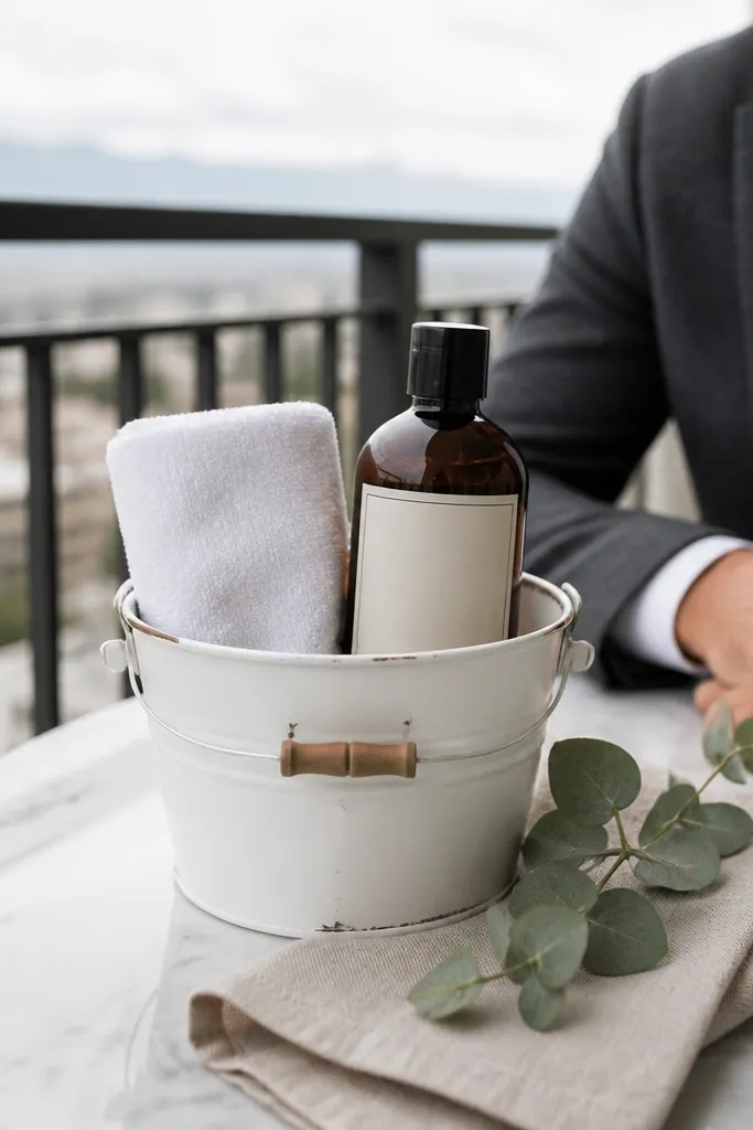 White tin pail with beard wash bottle, folded towel, and white ribbon