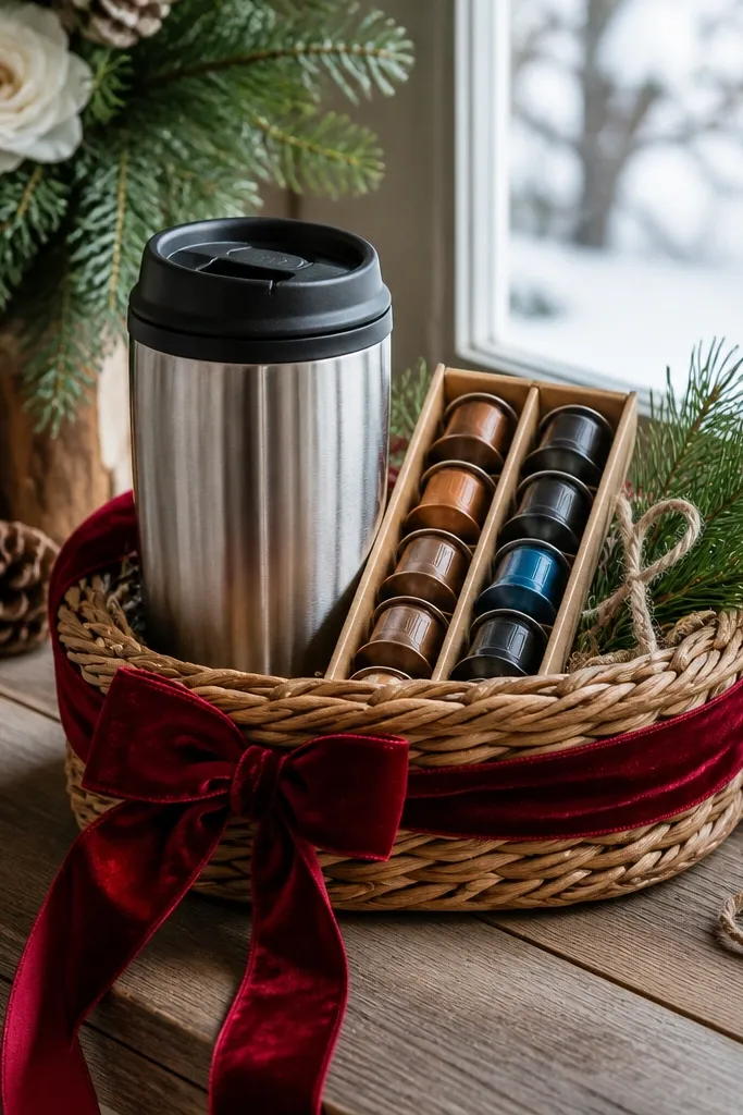 Basket with travel mug, coffee capsules, red velvet ribbon, and cream tissue