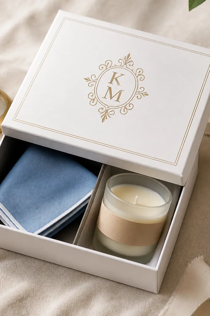 Monogrammed white gift box with blue handkerchief, candle, and navy ribbon