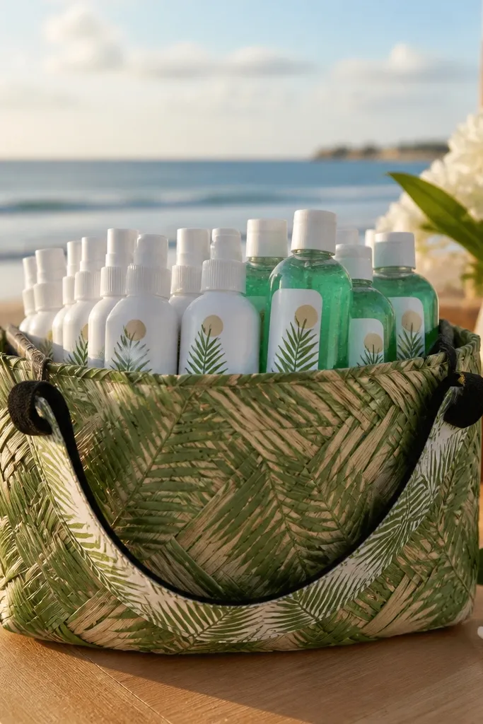 Palm-pattern basket with sunscreen, after-sun gel, and sunglasses strap