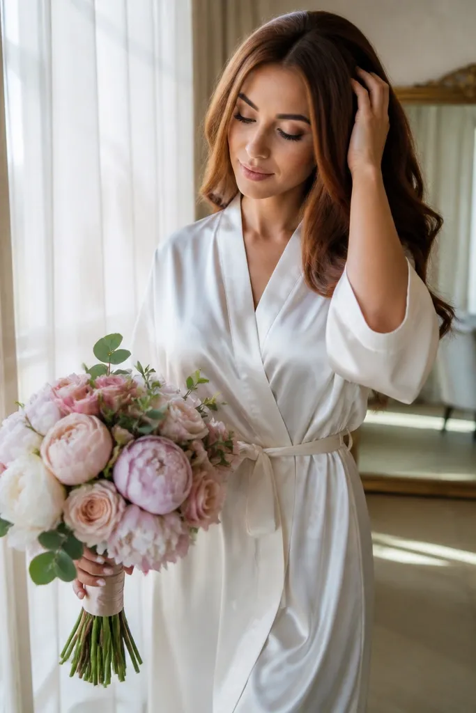 Bridesmaids by a window with soft light, holding bouquets and adjusting hair