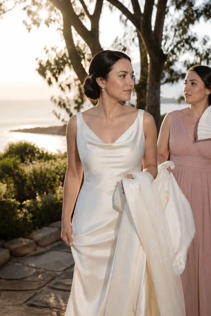 Bridesmaids holding a hand fan and fluttering dresses outdoors in soft wind