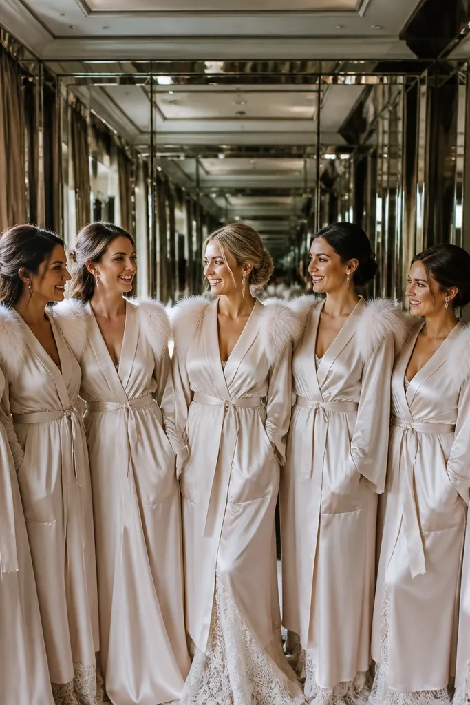 Bridesmaids posing in a hallway mirror wearing matching robes and holding bouquets