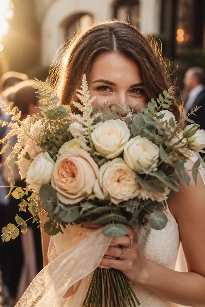 Bridesmaids holding bouquets in front of their faces smiling
