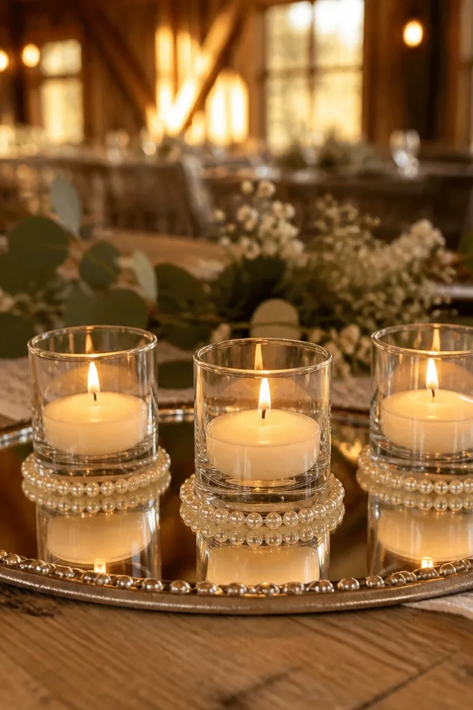 Silver mirror tray with three glass votives and small white pearl beads