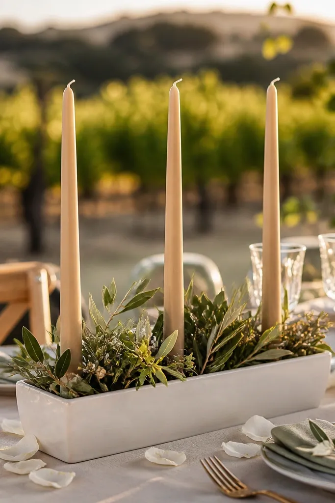 White ceramic trough holding three tall taper candles with greenery sprigs
