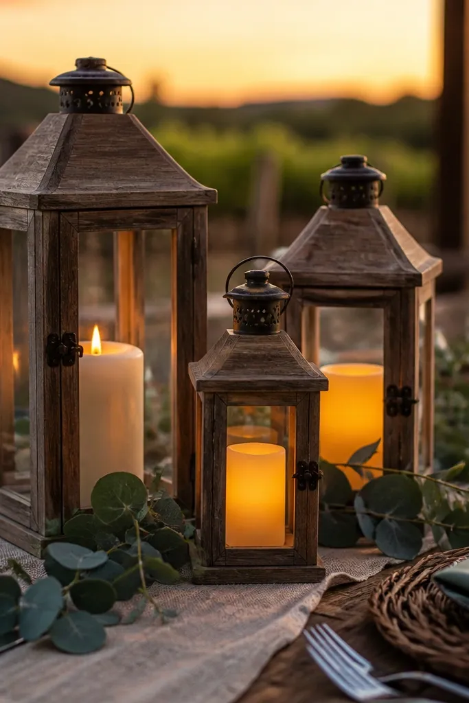 Three small lanterns on a table, one with a warm candle and two with LED flames