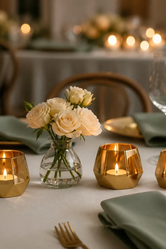 Gold geometric candle cups with small bud vases and warm candlelight