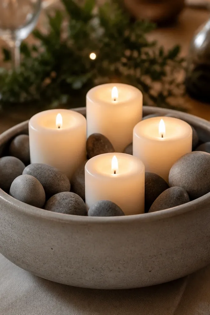 Rustic stoneware crock filled with five votive candles and gray pebbles