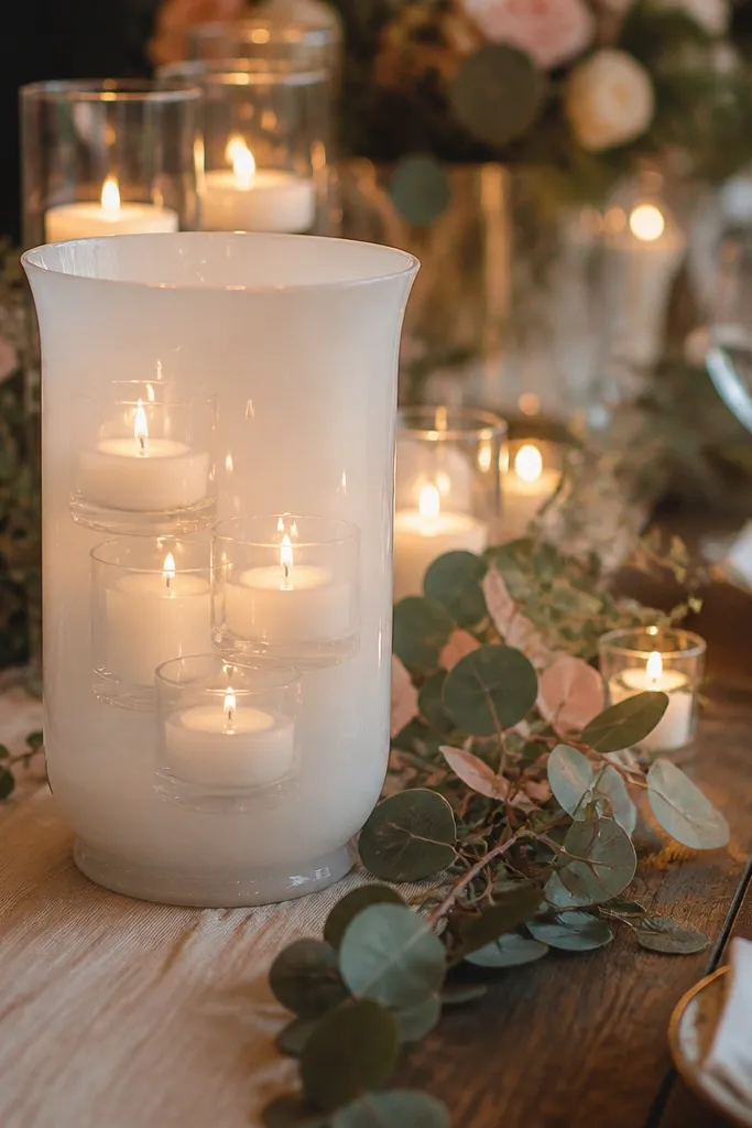 White hurricane vase with stacked candle rings and warm glow inside