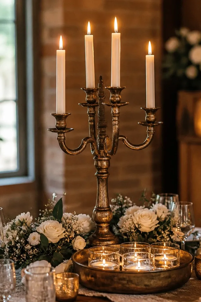 Tall candelabra with low flowers and a ring of votives at the base
