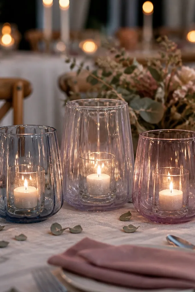Gradient glass holders with candles from pale to deeper blue-purple