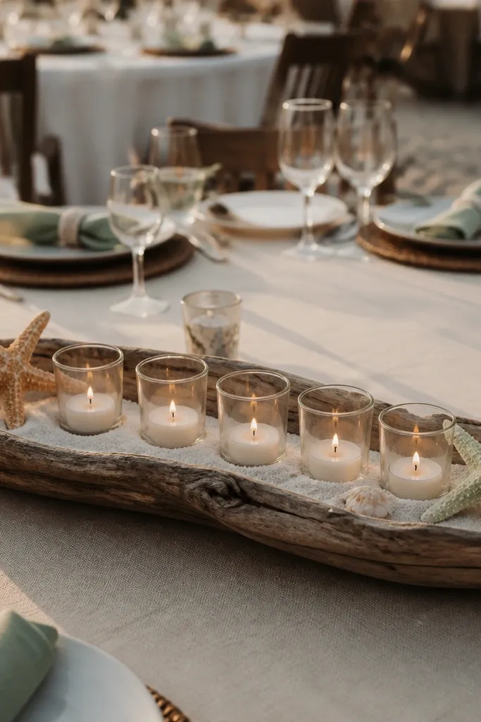 Row of tealights on white sand with a few small star-shaped accents