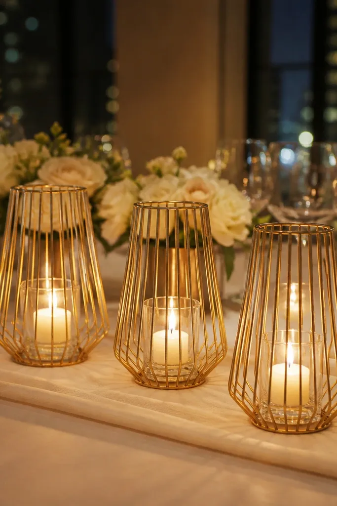 Gold wire candle holders with clear cups and warm candlelight