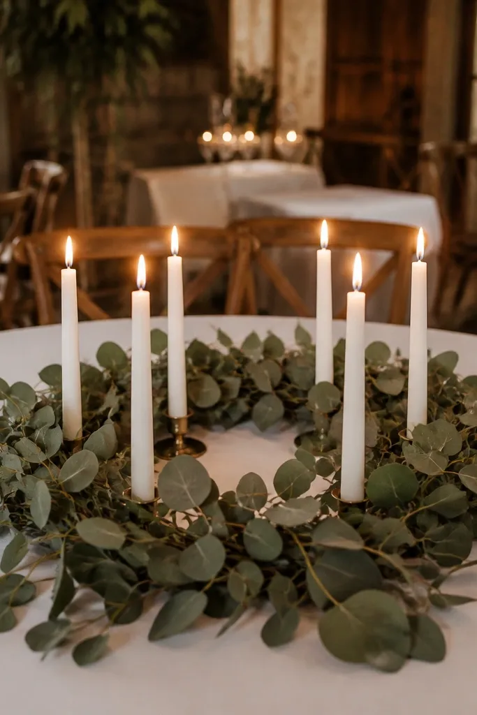 White taper candles arranged in a circle surrounded by eucalyptus leaves