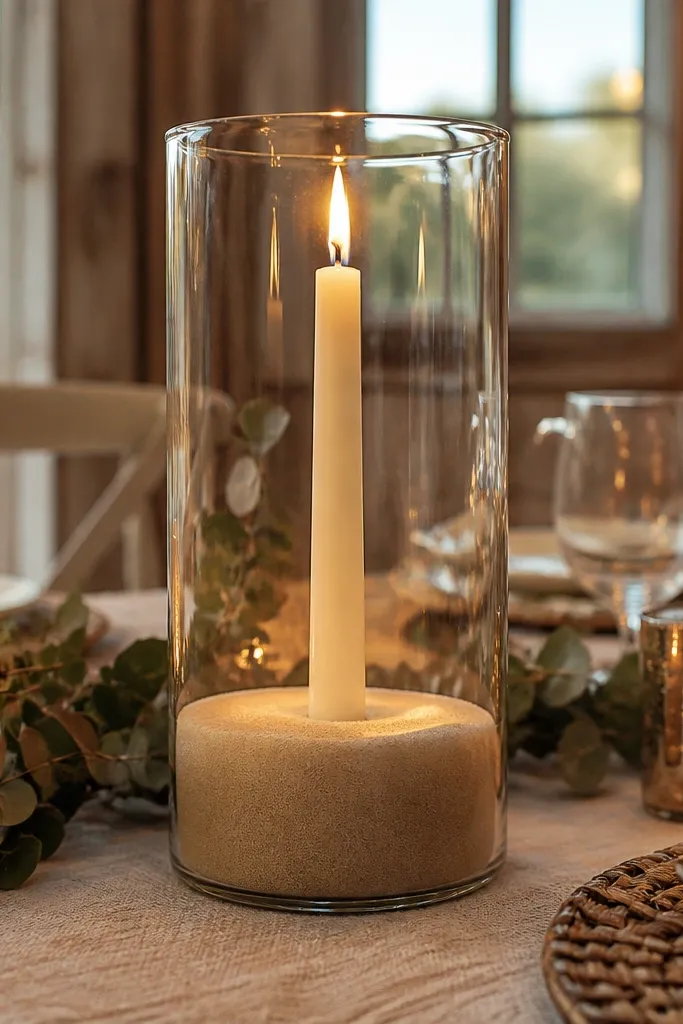 Clear glass cylinder filled with sand with a single candle centered inside