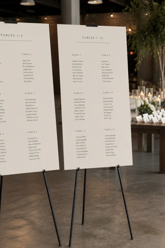 Two standing panels wedding seating chart with tables listed left to right