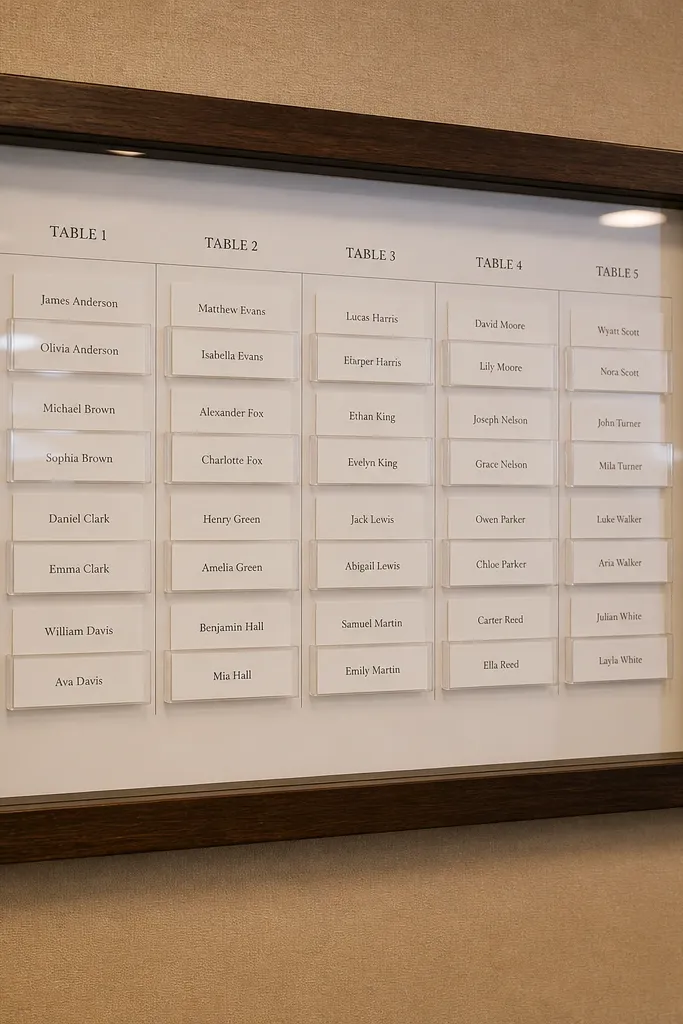 Framed wedding seating chart with removable name tags under each table