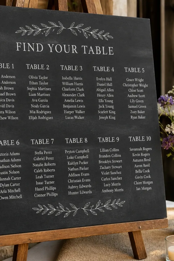 Chalkboard-style seating chart with typed table headers and names