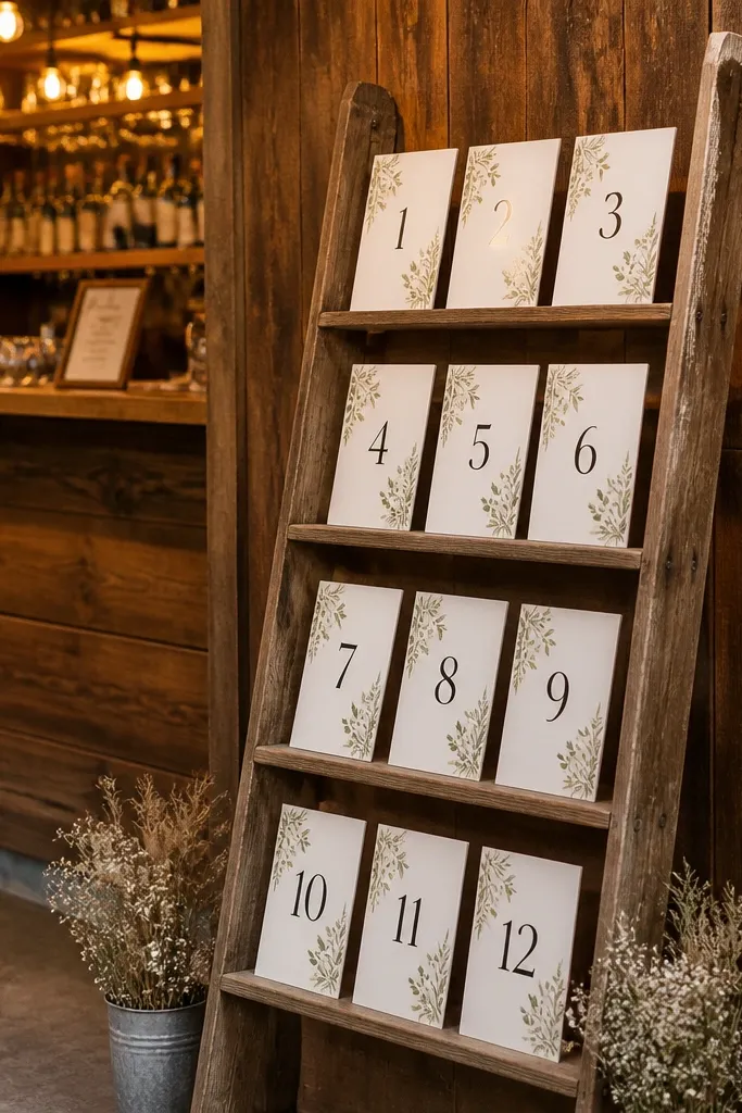 Ladder shelving display with table number cards and name lists