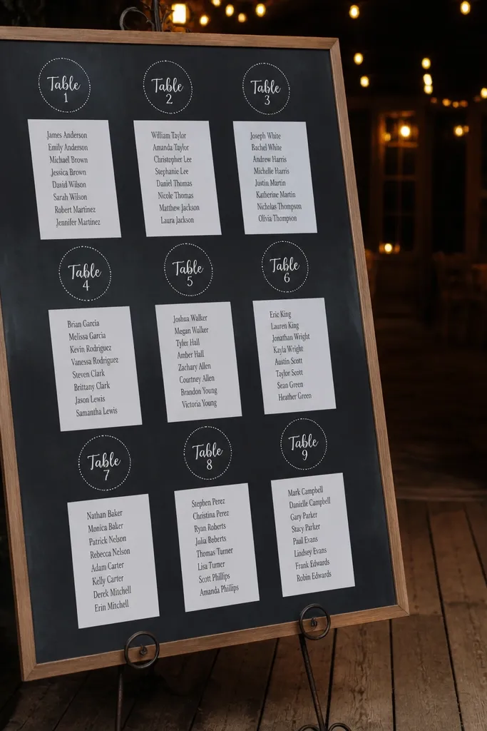 Large menu board seating chart with table labels and chalk dot indicators