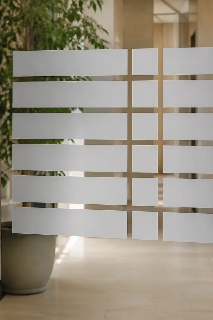 Window seating chart with frosted labels showing table numbers and names