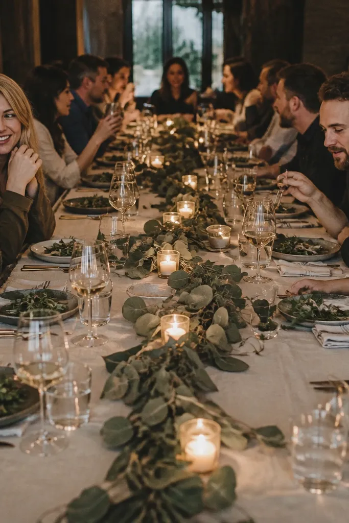 Long eucalyptus garland with low votive candles along the center